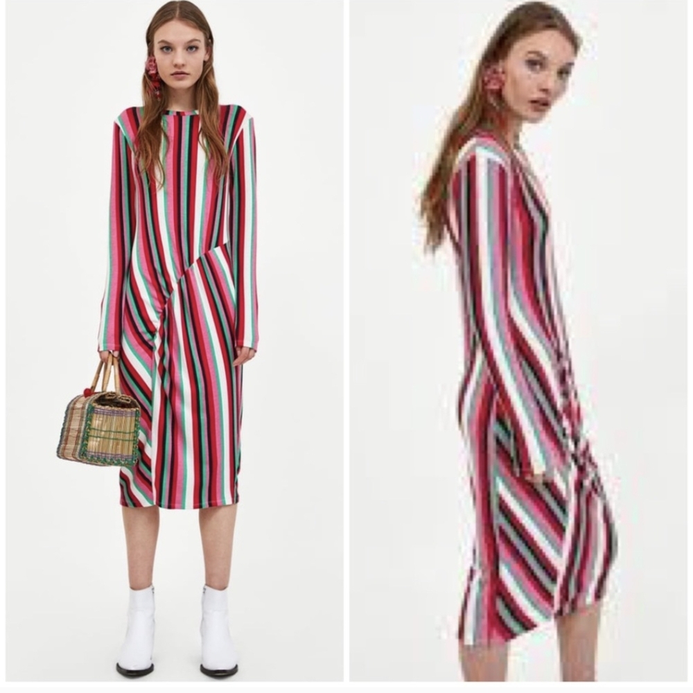 Zara Striped MIDI Long Sleeve Dress Size Large